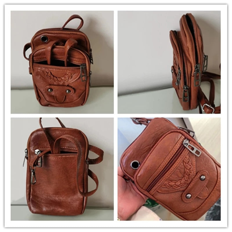 Mini Bolsa Feminina Vintage De Couro PU Flexível Com Zíper Em Cor Lisa